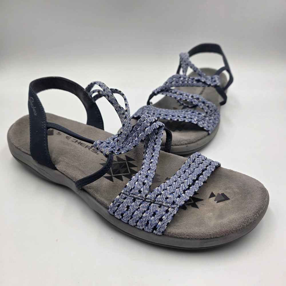 Skechers Reggae Slim Vacay Navy Blue Strappy Memory Foam Sandals Womens 7